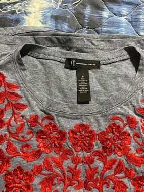 INC International Concepts Heather Gray Tee with Red Floral Embroidery